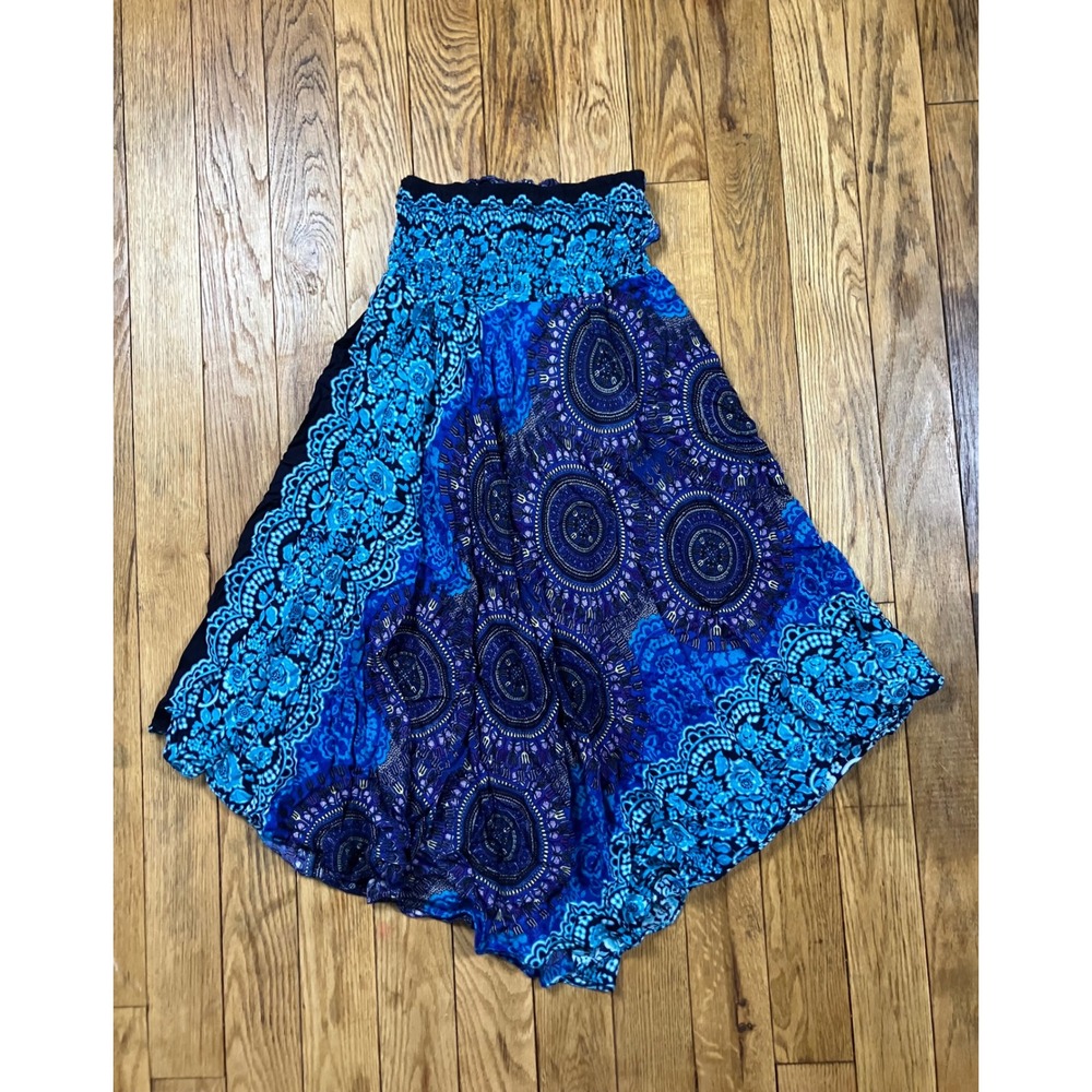 Bangkok Pants Blue Mandala Print Harem Pants Smocked Waist Boho Festival Yoga